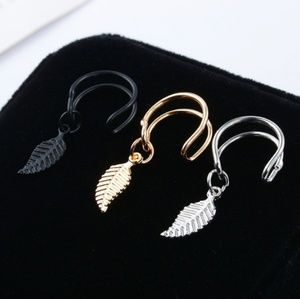 One Double Ear Cuff Leaf Feather Silver Earrings